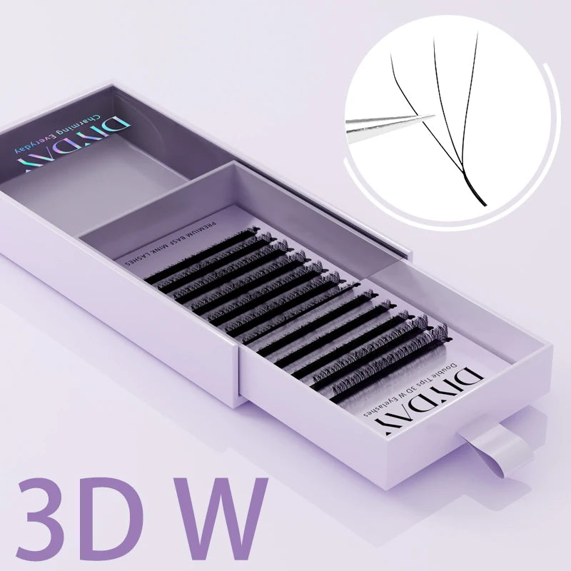 Rzęsy do przedłużania W Shape DIYDAY – gotowe kępki 3D–8D, miękkie i naturalne